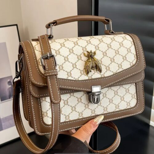 vegan leather crossbody beige print bee purse