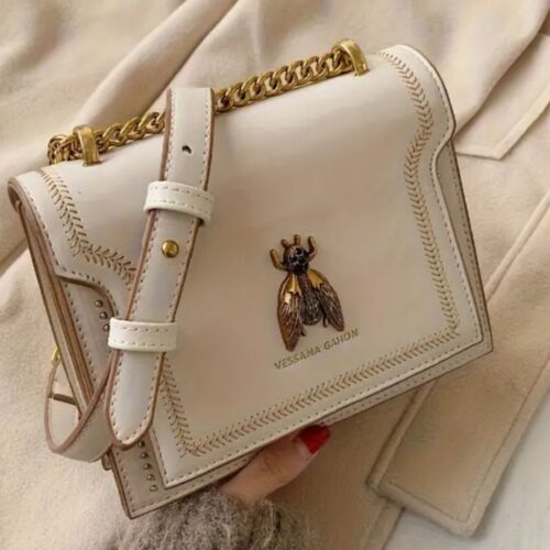 Bee Luxury Bag - Ivory Vegan Leather Crossbody Chain Strap 381