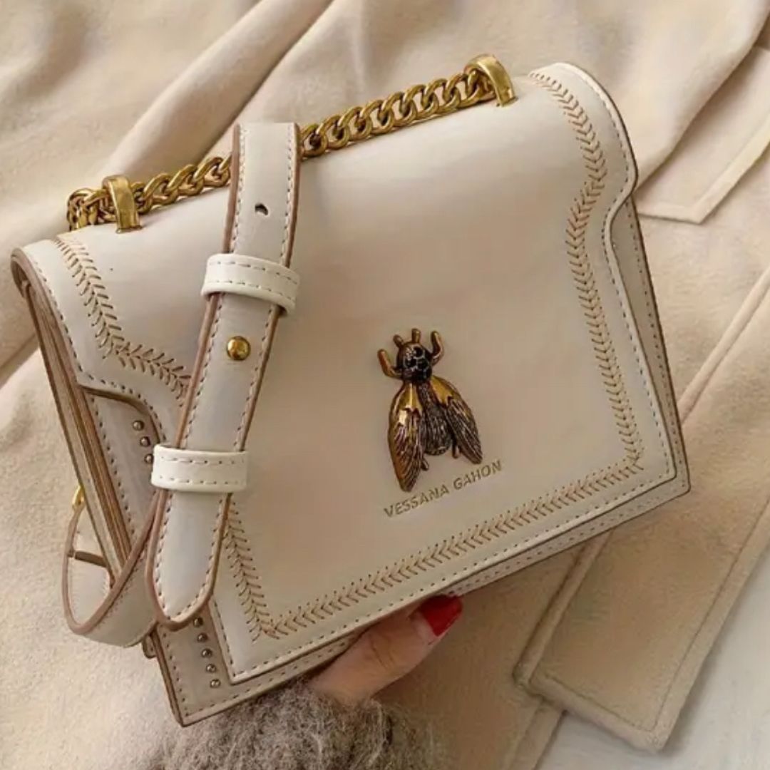 Bee Luxury Bag - Ivory Vegan Leather Crossbody Chain Strap 381