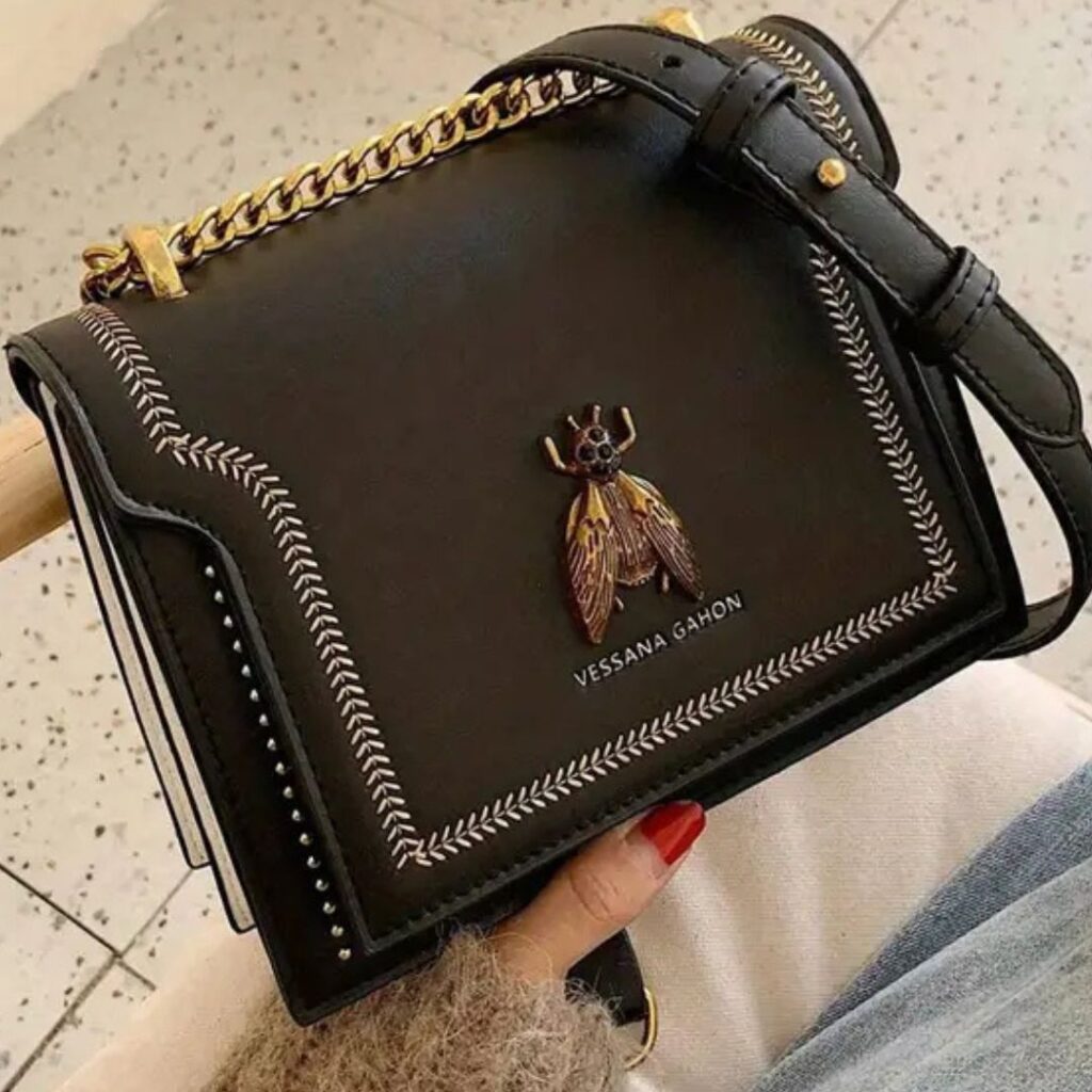 Bee Luxury Bag - Black Vegan Leather Crossbody Chain Strap 379