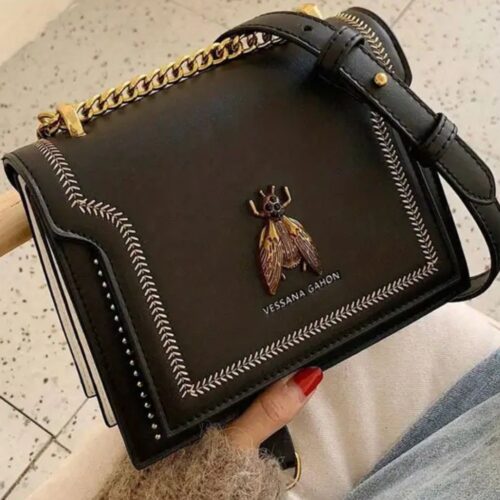 Bee Luxury Bag - Black Vegan Leather Crossbody Chain Strap 379
